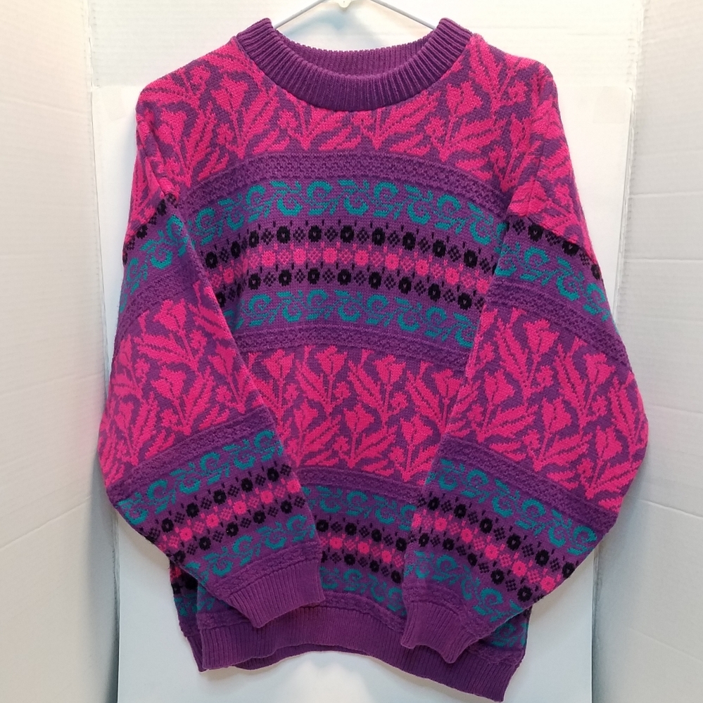 Vintage Arielle Purple Pink Ivy Leaves Stripes Crew Neck Sweater 80s 90s